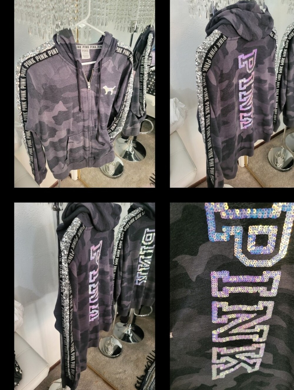 PINK Grey Camo, Mermaid Bling FULL ZIP HOODIE